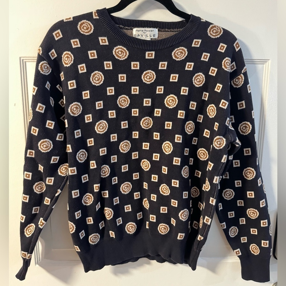 Vintage Geometric Swirl Pattern Cotton Grandpa Sweater Rana Rowen for Saville